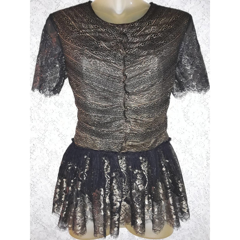 MARCHESA Sz 4 Black & Gold Metallic Ruffled Peplum Top
